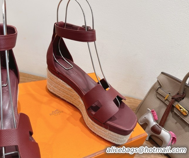 Best Product Hermes Elda Platform Wedge Sandals 8cm Grainy Calfskin Burgundy 2025 H082010 0820106