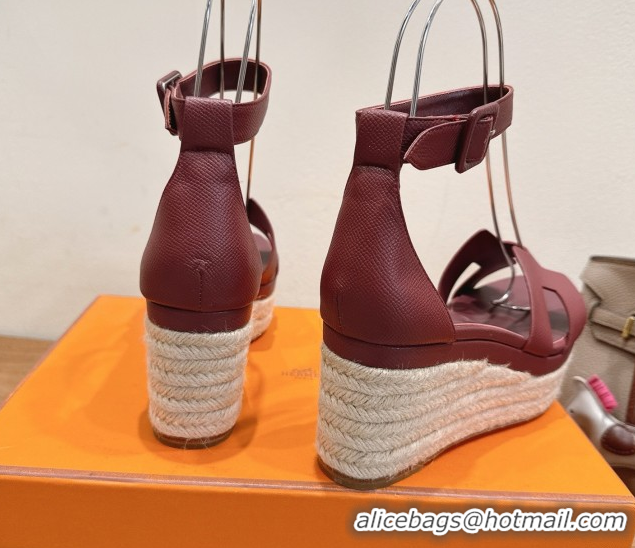 Best Product Hermes Elda Platform Wedge Sandals 8cm Grainy Calfskin Burgundy 2025 H082010 0820106