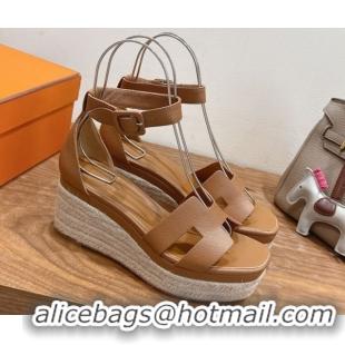Crafted Hermes Elda Platform Wedge Sandals 8cm Grainy Calfskin Brown 2025 H082010 0820108