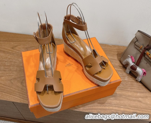 Crafted Hermes Elda Platform Wedge Sandals 8cm Grainy Calfskin Brown 2025 H082010 0820108