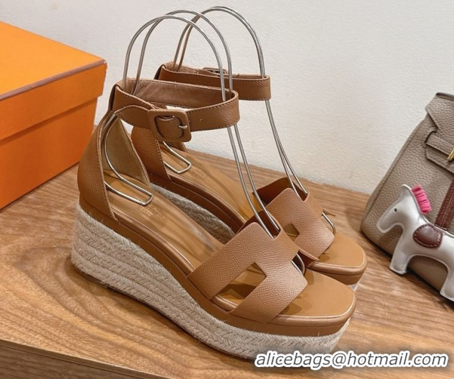 Crafted Hermes Elda Platform Wedge Sandals 8cm Grainy Calfskin Brown 2025 H082010 0820108