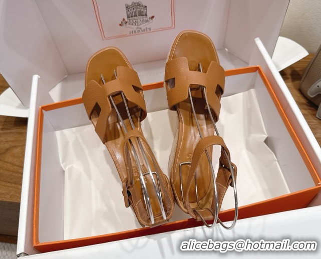 Crafted Hermes Elda Platform Wedge Sandals 8cm Grainy Calfskin Brown 2025 H082010 0820108