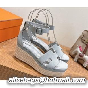 Super Quality Hermes Elda Platform Wedge Sandals 8cm Grainy Calfskin Light Blue 2025 H082010 0820109