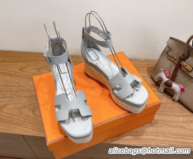 Super Quality Hermes Elda Platform Wedge Sandals 8cm Grainy Calfskin Light Blue 2025 H082010 0820109