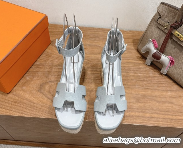 Super Quality Hermes Elda Platform Wedge Sandals 8cm Grainy Calfskin Light Blue 2025 H082010 0820109