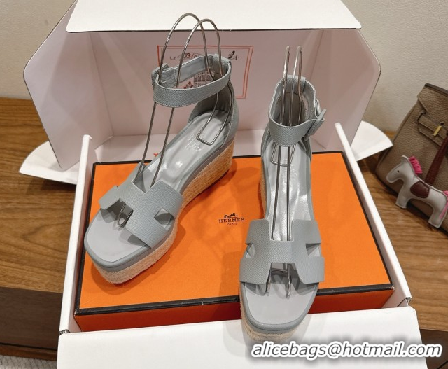 Super Quality Hermes Elda Platform Wedge Sandals 8cm Grainy Calfskin Light Blue 2025 H082010 0820109