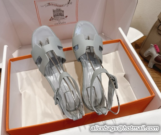 Super Quality Hermes Elda Platform Wedge Sandals 8cm Grainy Calfskin Light Blue 2025 H082010 0820109