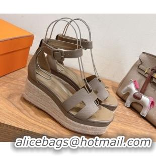 Best Price Hermes Elda Platform Wedge Sandals 8cm Grainy Calfskin Grey 2025 H082010 0820110