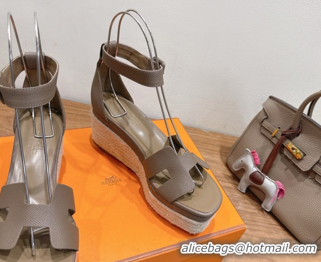 Best Price Hermes Elda Platform Wedge Sandals 8cm Grainy Calfskin Grey 2025 H082010 0820110