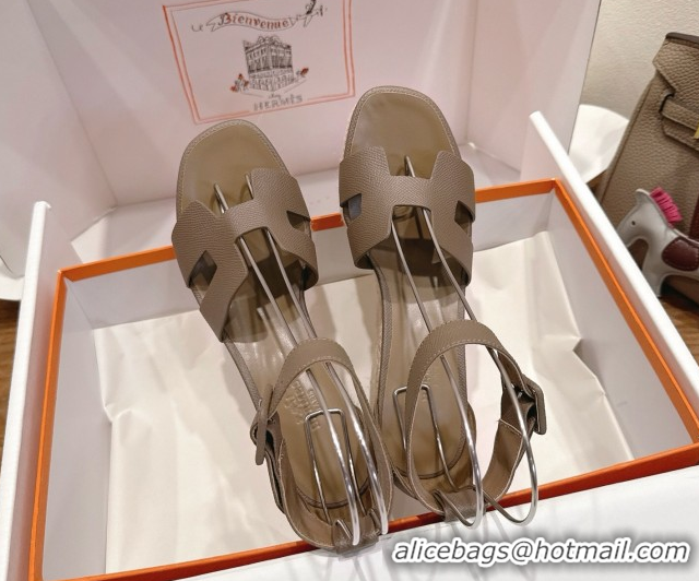 Best Price Hermes Elda Platform Wedge Sandals 8cm Grainy Calfskin Grey 2025 H082010 0820110