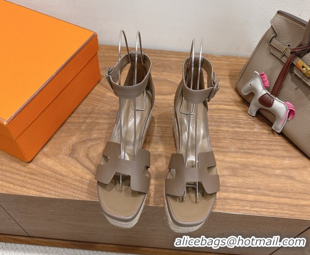 Best Price Hermes Elda Platform Wedge Sandals 8cm Grainy Calfskin Grey 2025 H082010 0820110