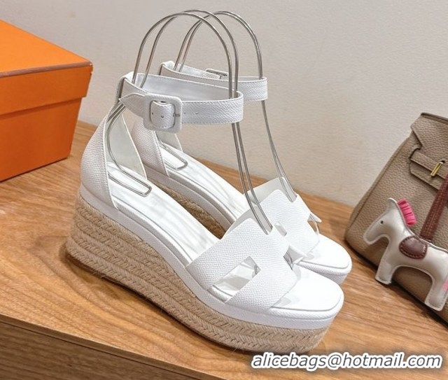 Expensive Hermes Elda Platform Wedge Sandals 8cm Grainy Calfskin White 2025 H082010 0820111