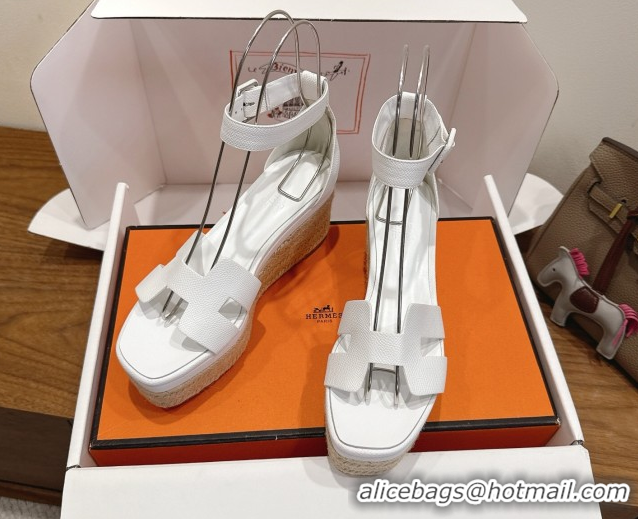 Expensive Hermes Elda Platform Wedge Sandals 8cm Grainy Calfskin White 2025 H082010 0820111