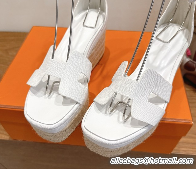 Expensive Hermes Elda Platform Wedge Sandals 8cm Grainy Calfskin White 2025 H082010 0820111