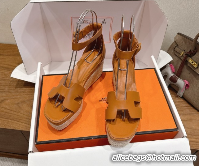 Top Quality Hermes Elda Platform Wedge Sandals 8cm Smooth Calfskin Brown 2025 H082010 0820107