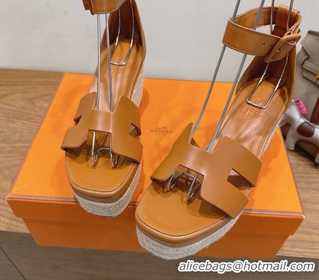 Top Quality Hermes Elda Platform Wedge Sandals 8cm Smooth Calfskin Brown 2025 H082010 0820107