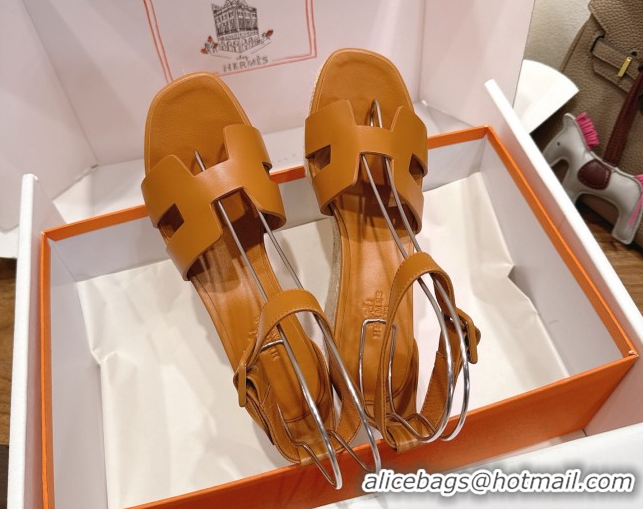 Top Quality Hermes Elda Platform Wedge Sandals 8cm Smooth Calfskin Brown 2025 H082010 0820107