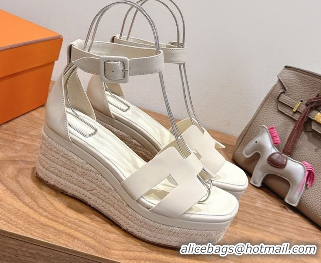 Good Quality Hermes Elda Platform Wedge Sandals 8cm Smooth Calfskin Ivory 2025 H082010 0820112
