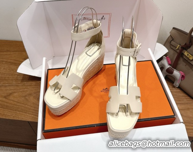Good Quality Hermes Elda Platform Wedge Sandals 8cm Smooth Calfskin Ivory 2025 H082010 0820112