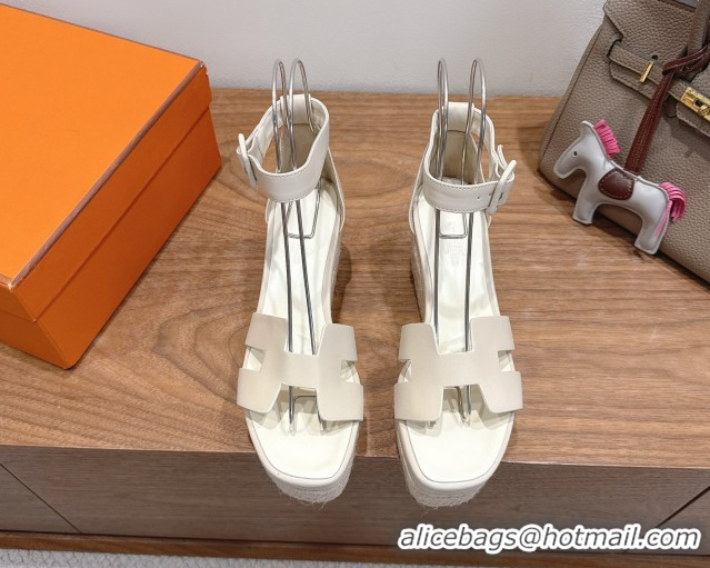 Good Quality Hermes Elda Platform Wedge Sandals 8cm Smooth Calfskin Ivory 2025 H082010 0820112