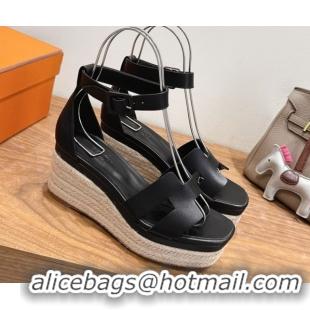 Big Discount Hermes Elda Platform Wedge Sandals 8cm Smooth Calfskin Black 2025 H082010 0820113