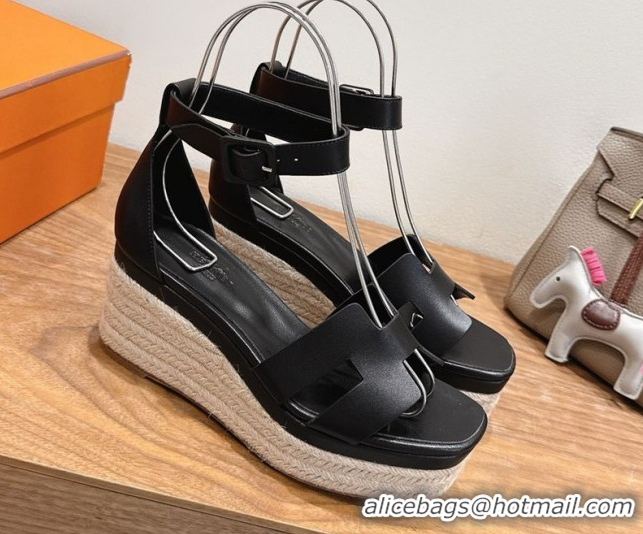 Big Discount Hermes Elda Platform Wedge Sandals 8cm Smooth Calfskin Black 2025 H082010 0820113