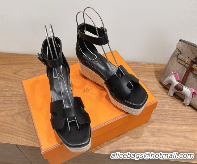 Big Discount Hermes Elda Platform Wedge Sandals 8cm Smooth Calfskin Black 2025 H082010 0820113