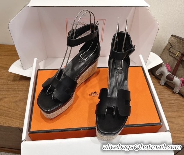Big Discount Hermes Elda Platform Wedge Sandals 8cm Smooth Calfskin Black 2025 H082010 0820113