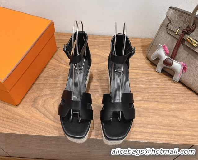 Big Discount Hermes Elda Platform Wedge Sandals 8cm Smooth Calfskin Black 2025 H082010 0820113