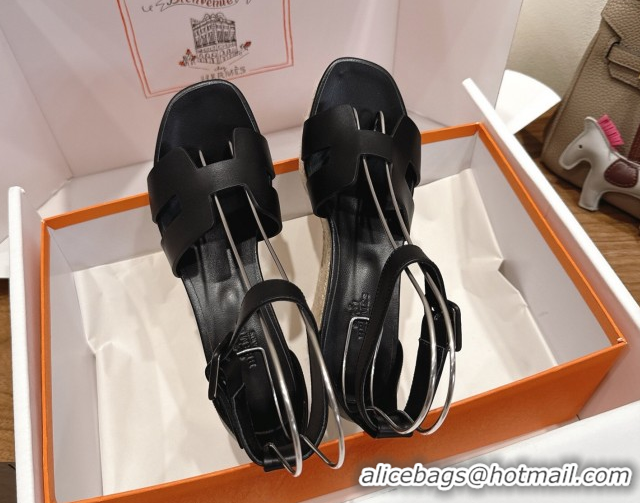 Big Discount Hermes Elda Platform Wedge Sandals 8cm Smooth Calfskin Black 2025 H082010 0820113