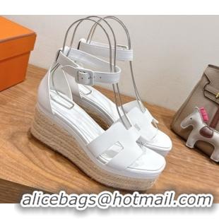 Cheap Design Hermes Elda Platform Wedge Sandals 8cm Smooth Calfskin White H082010 0820114