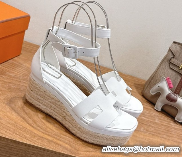 Cheap Design Hermes Elda Platform Wedge Sandals 8cm Smooth Calfskin White H082010 0820114