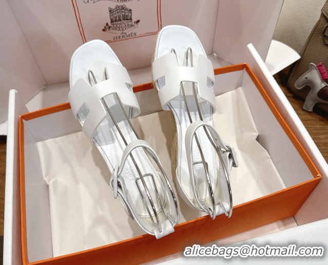 Cheap Design Hermes Elda Platform Wedge Sandals 8cm Smooth Calfskin White H082010 0820114
