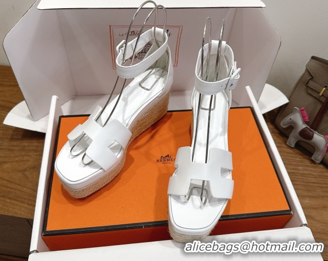 Cheap Design Hermes Elda Platform Wedge Sandals 8cm Smooth Calfskin White H082010 0820114