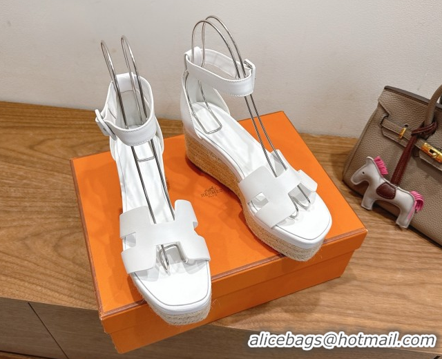 Cheap Design Hermes Elda Platform Wedge Sandals 8cm Smooth Calfskin White H082010 0820114