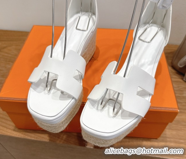 Cheap Design Hermes Elda Platform Wedge Sandals 8cm Smooth Calfskin White H082010 0820114