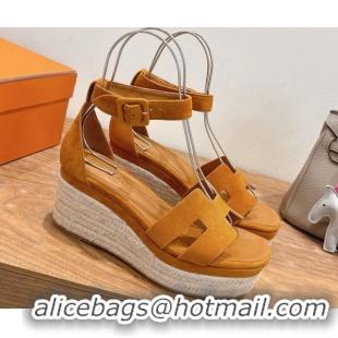 Classic Practical Hermes Elda Platform Wedge Sandals 8cm in Suede Brown 2025 H082010 0820115