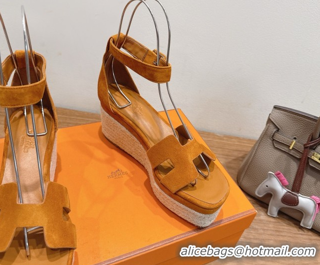 Classic Practical Hermes Elda Platform Wedge Sandals 8cm in Suede Brown 2025 H082010 0820115