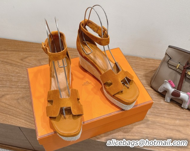 Classic Practical Hermes Elda Platform Wedge Sandals 8cm in Suede Brown 2025 H082010 0820115