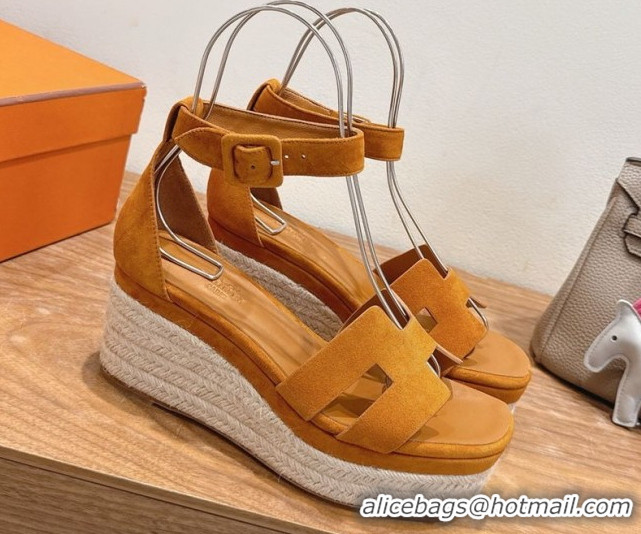 Classic Practical Hermes Elda Platform Wedge Sandals 8cm in Suede Brown 2025 H082010 0820115