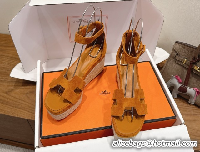Classic Practical Hermes Elda Platform Wedge Sandals 8cm in Suede Brown 2025 H082010 0820115