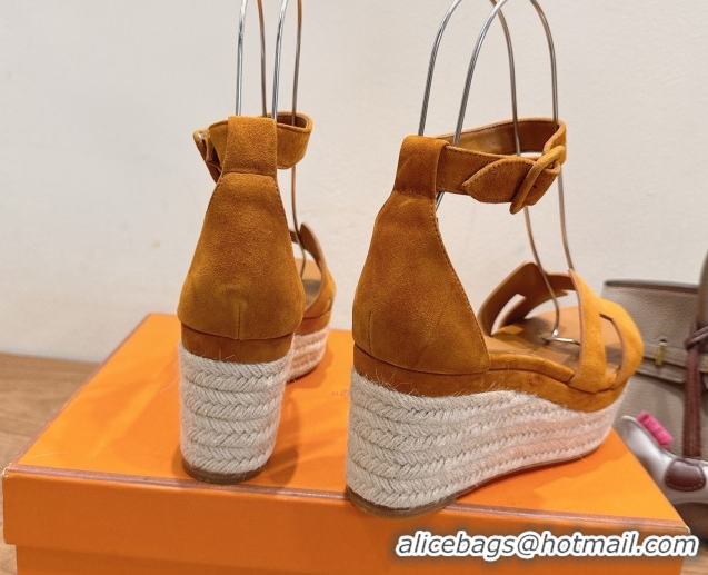 Classic Practical Hermes Elda Platform Wedge Sandals 8cm in Suede Brown 2025 H082010 0820115