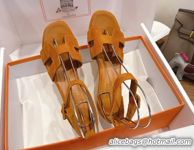 Classic Practical Hermes Elda Platform Wedge Sandals 8cm in Suede Brown 2025 H082010 0820115