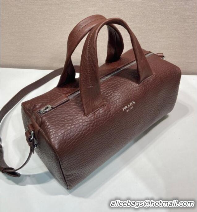 Shop Fashion Prada Mens Small Maxi-Grianed leather duffle bag 2VC046 Brown 2025
