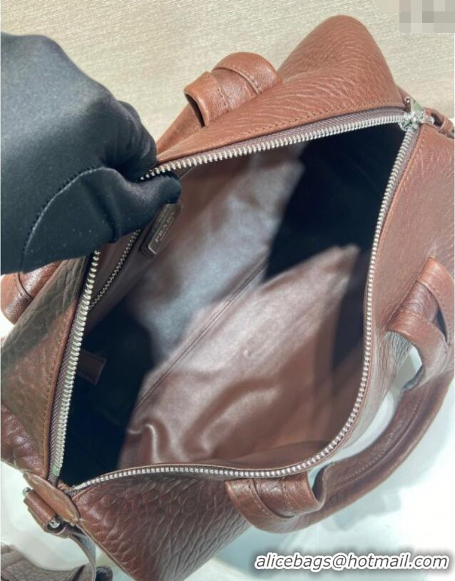 Shop Fashion Prada Mens Small Maxi-Grianed leather duffle bag 2VC046 Brown 2025