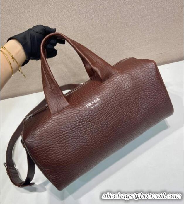 Shop Fashion Prada Mens Small Maxi-Grianed leather duffle bag 2VC046 Brown 2025