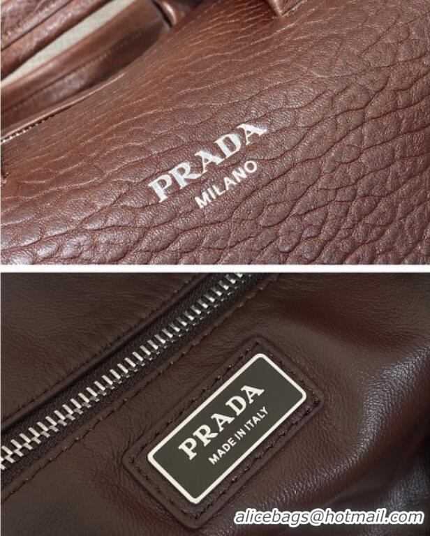 Shop Fashion Prada Mens Small Maxi-Grianed leather duffle bag 2VC046 Brown 2025