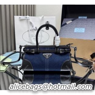 Discount Design Prada Bonnie small denim handbag 1BA486 Blue/Black 2025