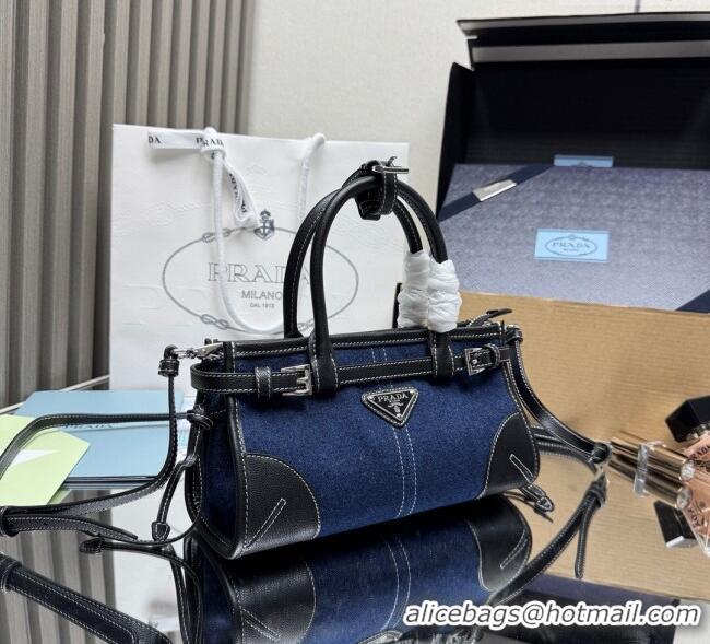Discount Design Prada Bonnie small denim handbag 1BA486 Blue/Black 2025