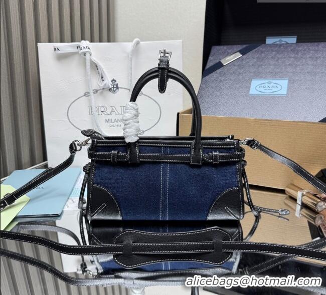 Discount Design Prada Bonnie small denim handbag 1BA486 Blue/Black 2025